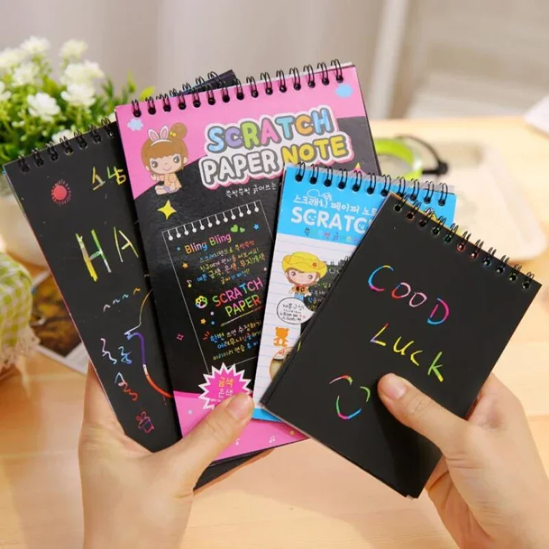 Black Cardboard Scratchbook Drawing Book DIY Scratch Stickers Notebook Stationery Drawing Toy with wood pen as Gift