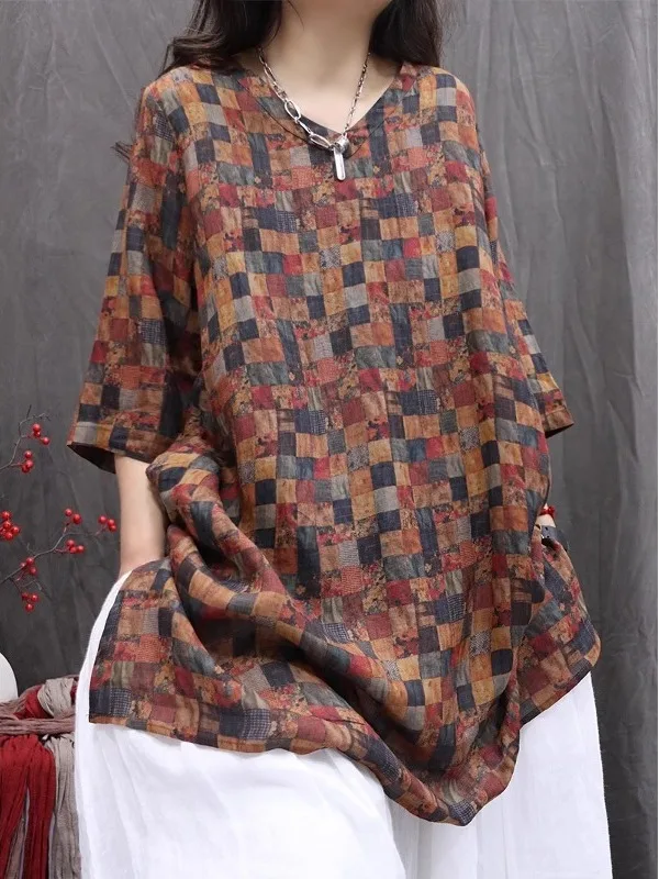 Retro Flax irt V-ne Mid-length Sve Printed Top for Women Summer 2025 Loose Fit Thin Material Commute Sle