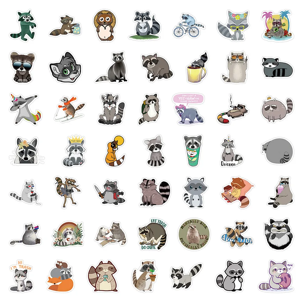 50/100Pcs Novelty Cute Kawaii Cartoon Animals Raccoon Stickers PVC Waterproof Stickers Decals For Kids Boys Girls Toys Gifts