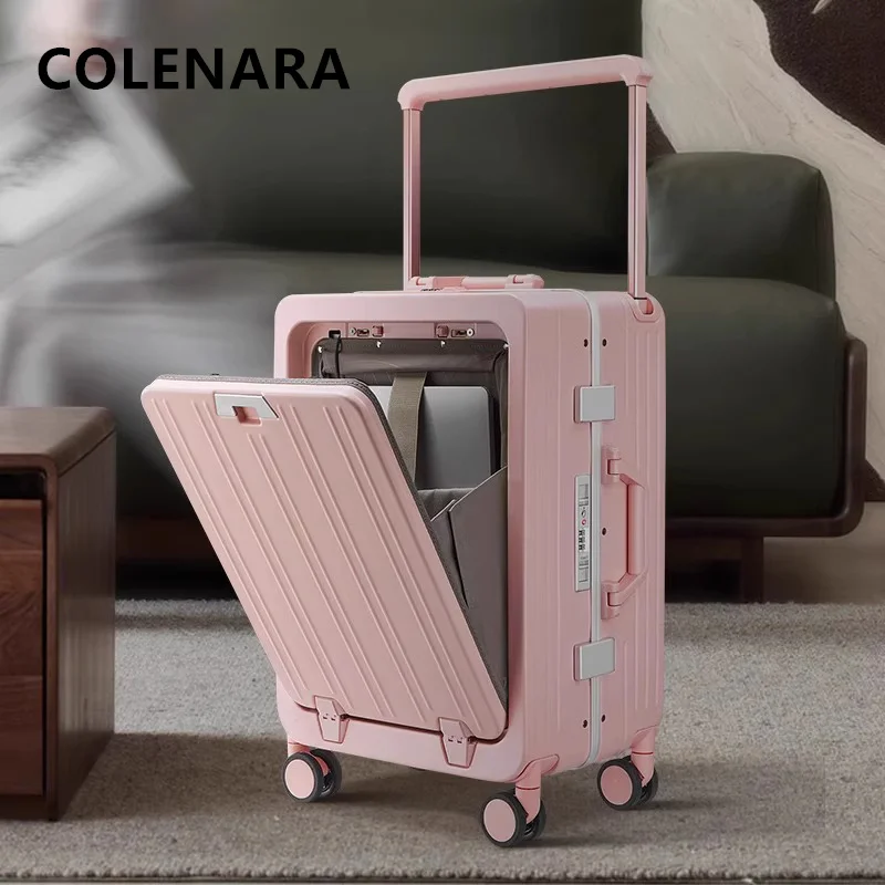 COLENARA Cabin Luggage Travel Bag Front Opening Laptop Boarding Case 20 Inch Aluminum Frame Trolley Case with Wheels Suitcase