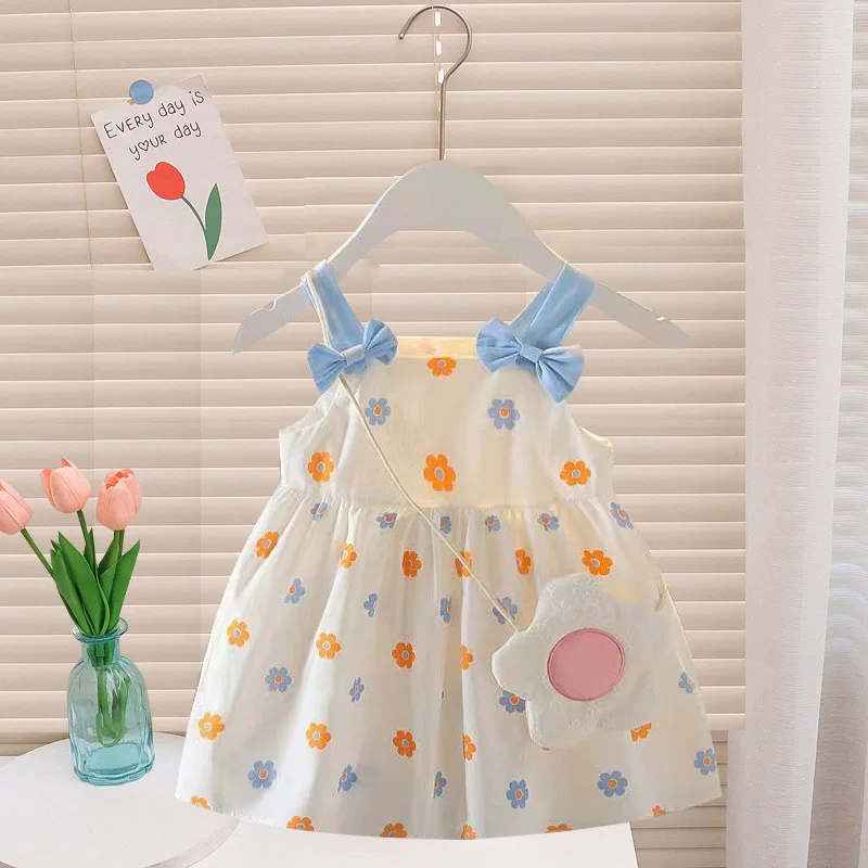 Summer Baby Girls' Dress New 2PCS/Set Cute Bag Kids Fresh Floral Bow Strap Daily Thin Sleeveless Vest Girl Dress image 2