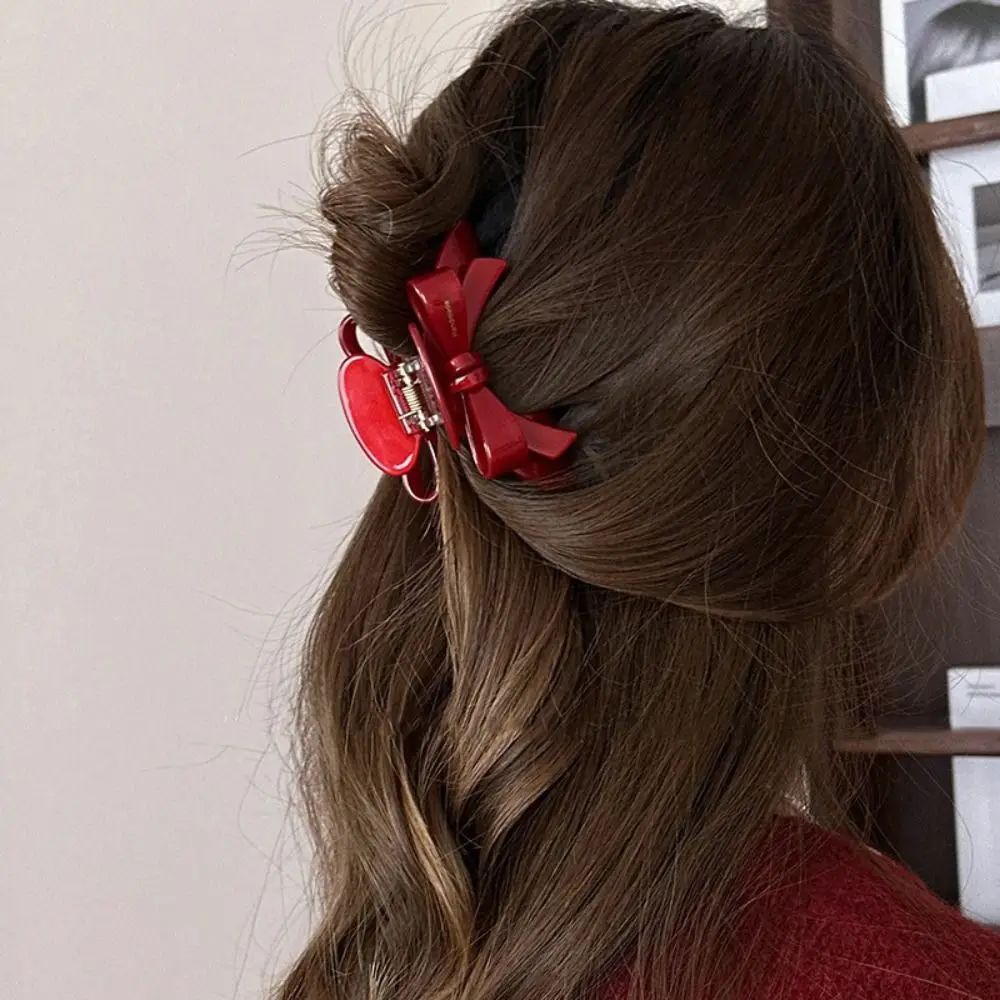 Fashion Acetate Acetic Acid Bow Hair Claw Bownot Letter Red Hair Clip New Year Red Cute Hairpin Bownot Grab Clip Daily