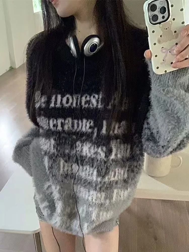 

Новый популярный осенне-зимний пуловер Y2k с постепенным изменением и буквенным узором, свитер, повседневная вязаная мужская женская одежда контрастного цвета