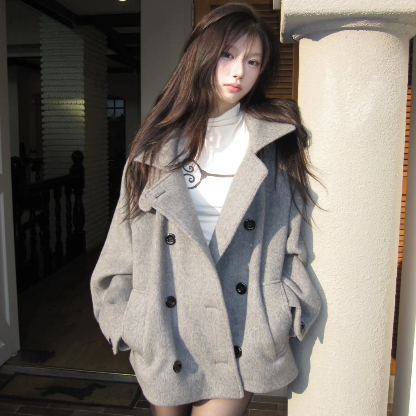 

Женское зимнее шерстяное пальто Thiened, двубортное шикарное японское пальто в стиле ретро, универсальная теплая свободная шапка, большое пальто для поездок на работу