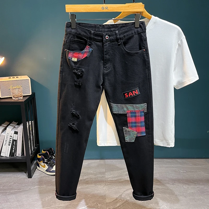 

TC167 Trendy brand stitched denim trousers for men, patchwork, slim fit, straight leg, heavy embroidery, cool and unique style