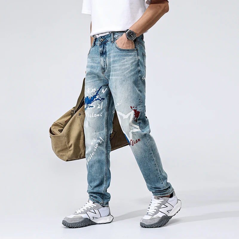 Italian fashion new men's jeans with letter print washed water nostalgic stretch slim fit light blue jeans designer pants hombre