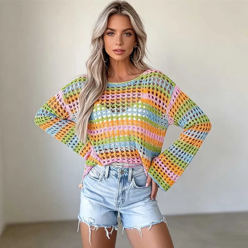 Chic Multicolored Rainbow Striped Cover Ups Women's Fashion Knit Blouse Hollow Out Casual Pullover Loose Long Sleeve Short Tops