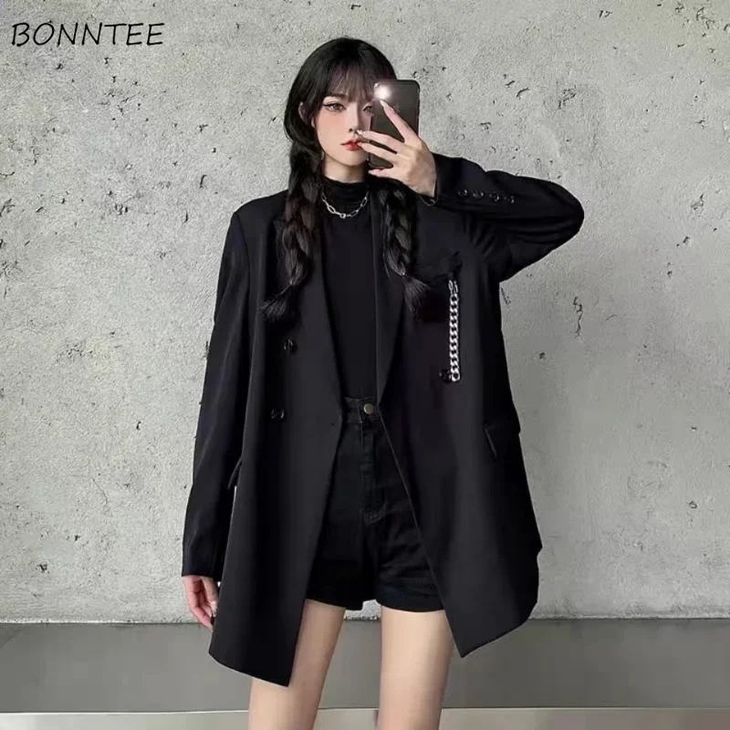 

Blazers Women Loose Solid Chic Korean Style Buttons Streetwear Outwear Students American Retro Long Sleeve Coats Harajuku
