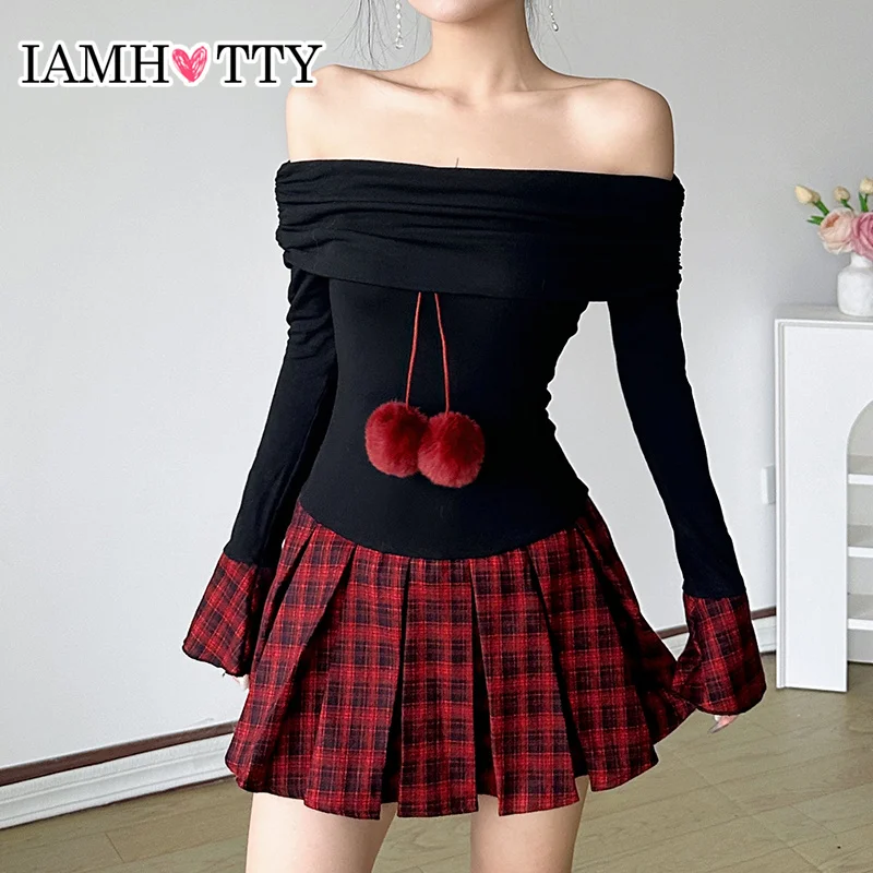 IAMHOTTY Fur Ball Decorate Slash Neck Dress Christmas Party Contrast Plaid Patchwork A-line Pleated Mini Dresses Korean Outfits