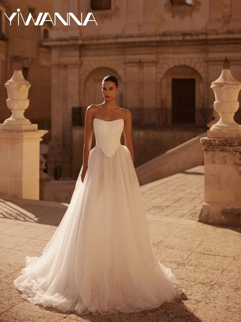 

Dreamy Beaded Lace With Corset Long Wedding Dress Graceful Illusion A-line Bridal Gown Customized Strapless Dresses For Bride