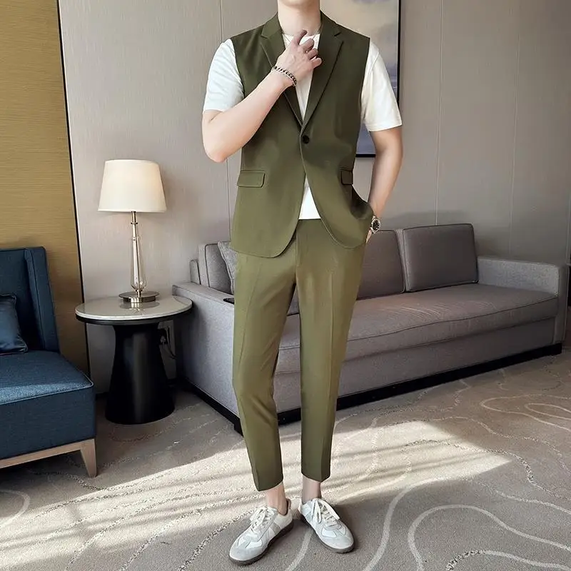 3-G28 Light mature style summer thin sleeveless suit men's Korean style simple niche design suit nine-point pants suit jacket