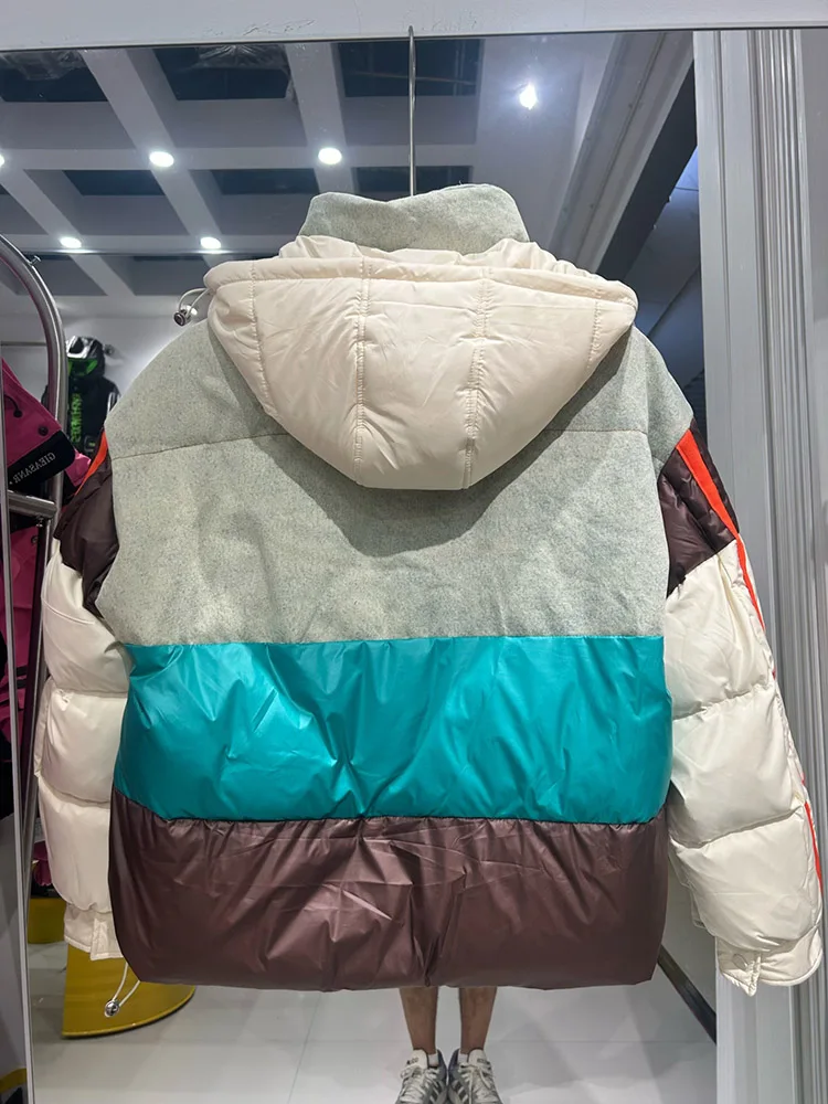 Chaqueta con capucha y estampado de bloques de Color de punto de gama alta, abrigo acolchado de pato blanco 90% holgado y grueso para invierno, nueva calle