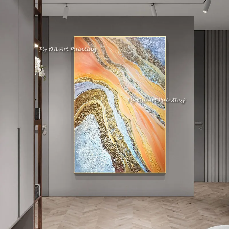 Luxury Gold Glitter Abstract Oil Painting Hand Painted Orange Blue Geode Canvas Wall Art for Living Room Large Home Decor