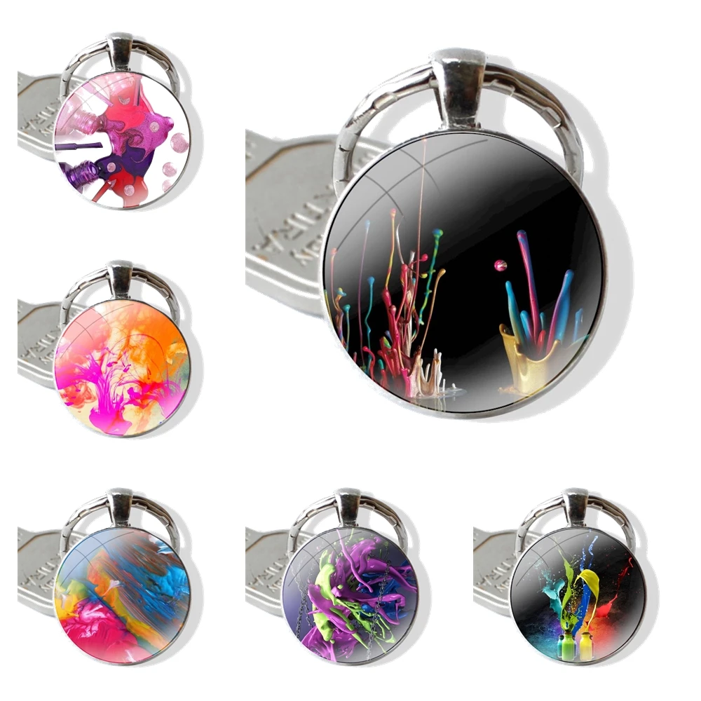 Art Multicolored Nail Polish Bottle Set 25mm Glass Cabohcon Keychain Key Rings for Women Men Jewelry Gift