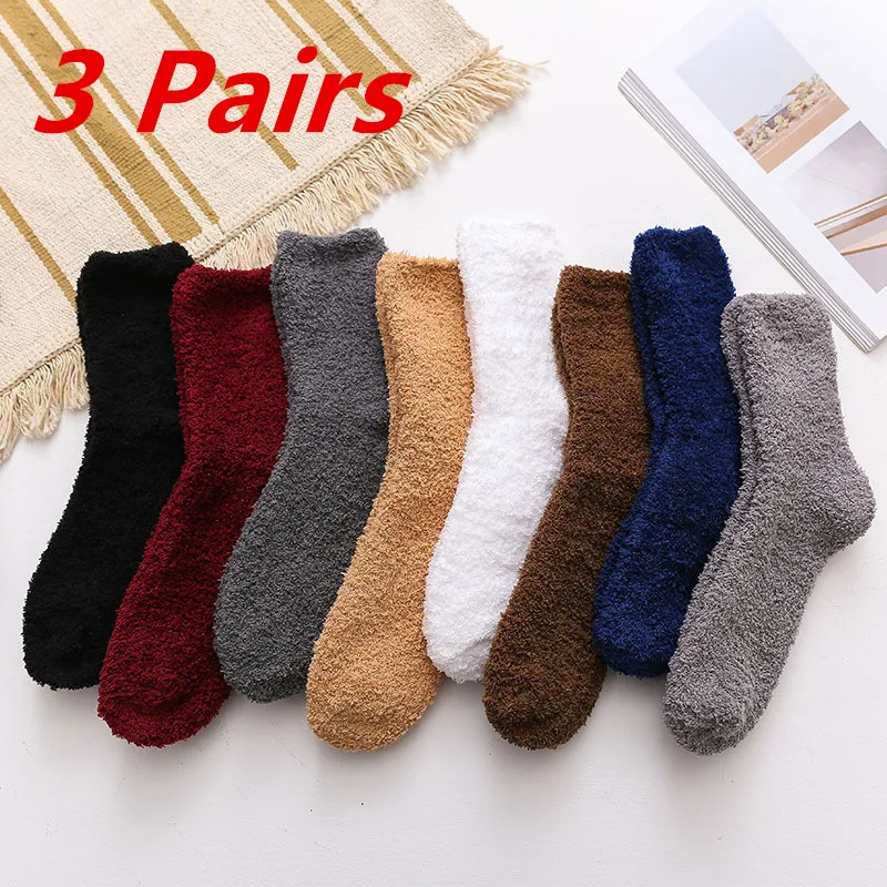 3 Pairs Winter Warm Mens Fuzzy Socks Thick Coral Fleece Women Soft Breathable Plush Home Sleeping Indoor Floor Towel Socken