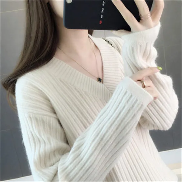 Damen Strick pullover neue Herbst Winter elegante Pullover weibliche warme Wolle V-Ausschnitt Langarm Top Pull Femme Pullover