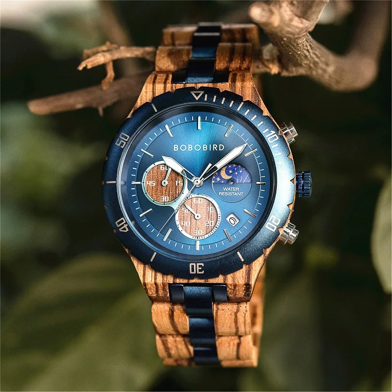 BOBO BIRD Mens Watches Wood & Stainless Steel Combined Wristwatch Quartz Chronograph Support OEM Customized Dropshipping