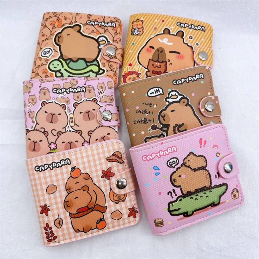 Student Lovely Cartoon Capybara Wallet Short Money Bag Foldable Cute Coin Purse PU Leather Mini Purse Card Holder With Buttons