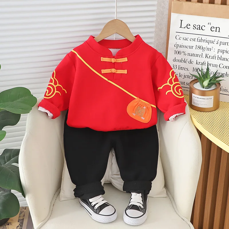 Baby Boy Infant Clothes 2024 Spring Autumn Chinese Style Fashion Long Sleeve Pullover Tops and Overalls Boys Suit Kids Outfits