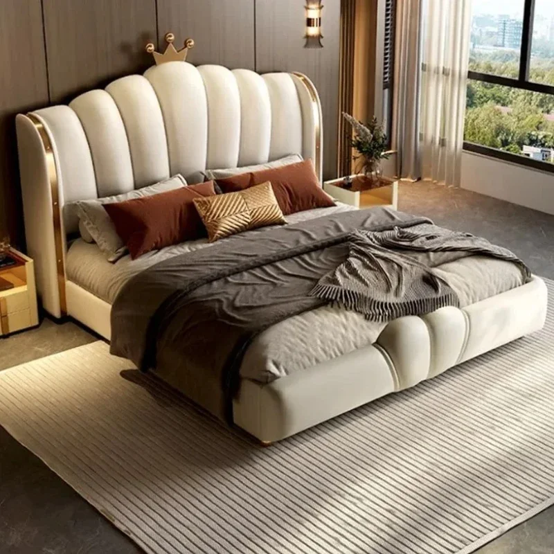 

Bedroom Designer Aesthetic Bed Frame King Size Queen Double Bed Frame White Faux Leather European Beliche Commercial Furniture