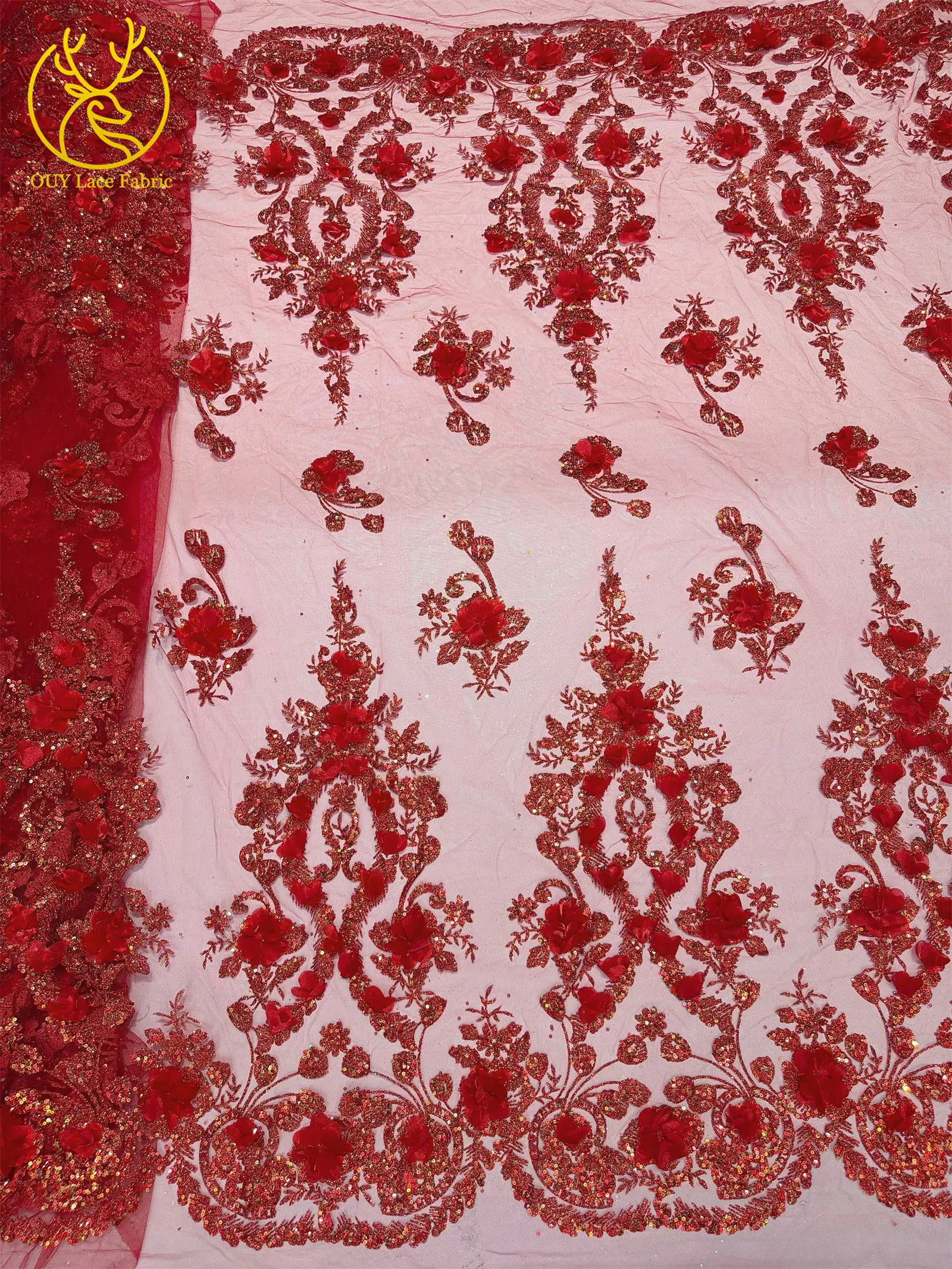 Neuer Stil Afrikanischer 3D-Applikations-Spitzenstoff 2026 Nigerianischer Glitzer-Pailletten-Spitzenstoff für Abschlussball- und Hochzeitskleider zum Nähen, 5 Yards – Detail 11