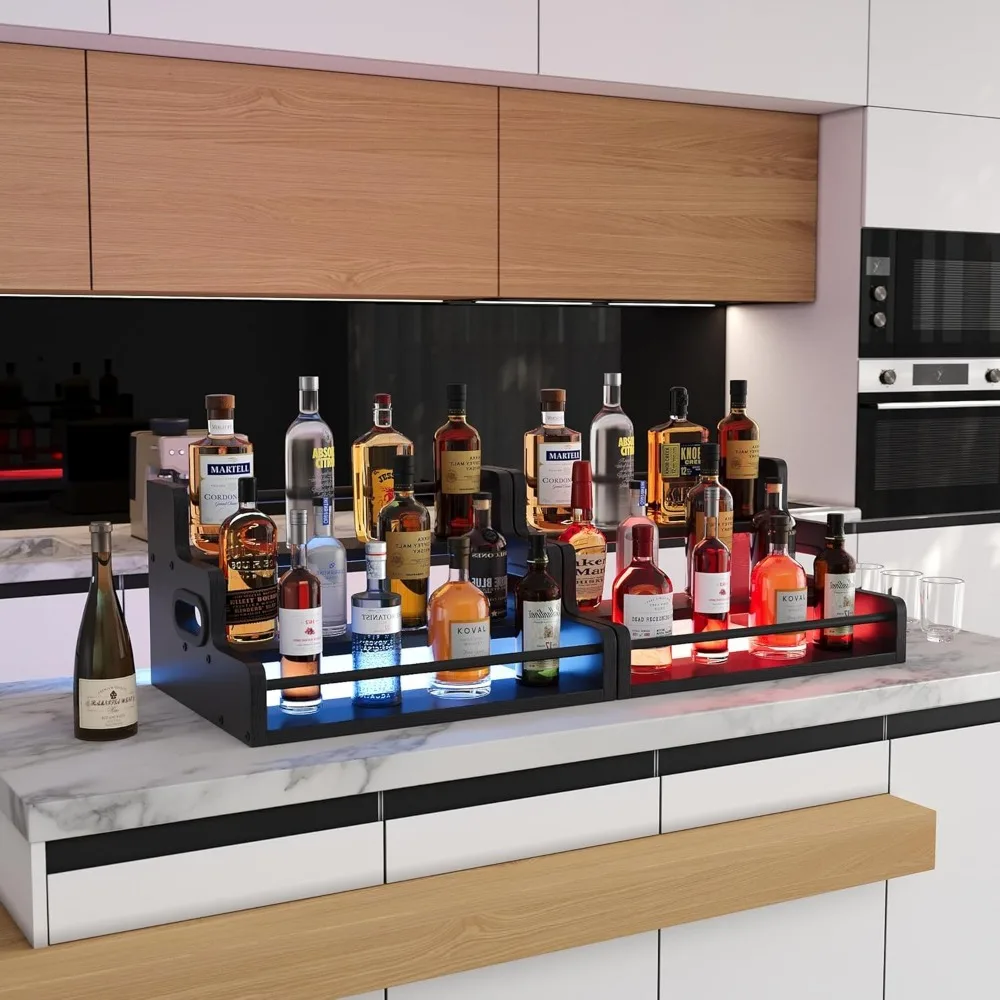 3-Tier LED Liquor Display Shelf with Remote Control, Whiskey Wine Bottle Rack for Home Bar Cabinet