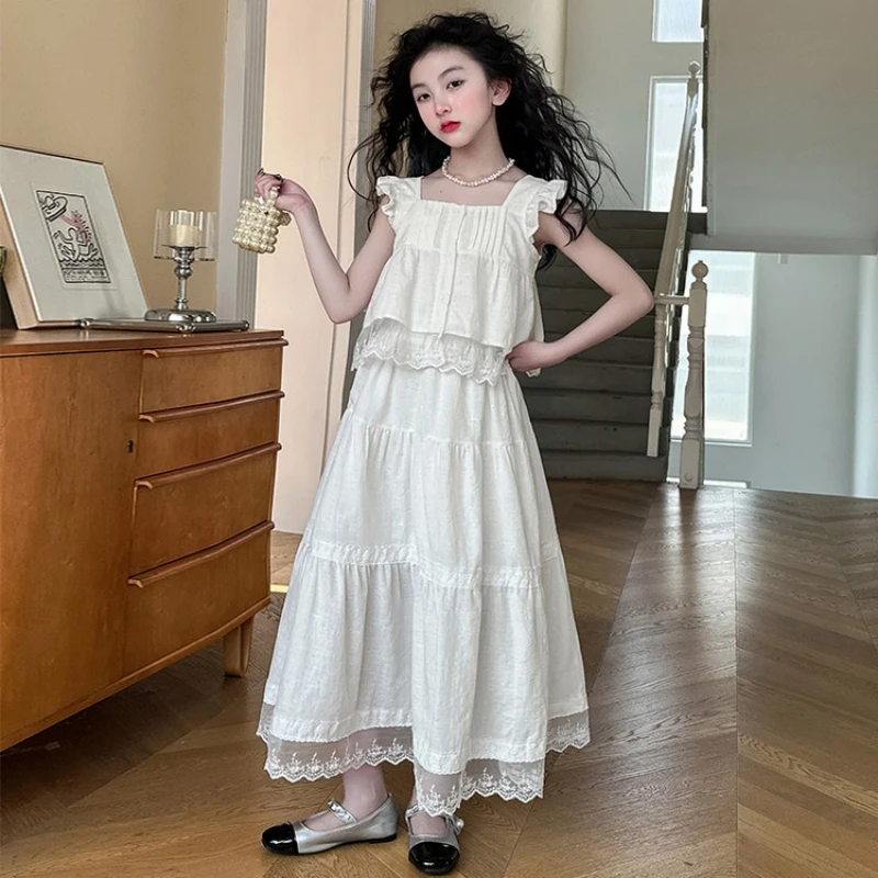 French Heavyweight Embroidered Dress Set for Girls | Flutter-Sleeve Embroidered Long Dress Two-Piece Set | Children's Skirt Set