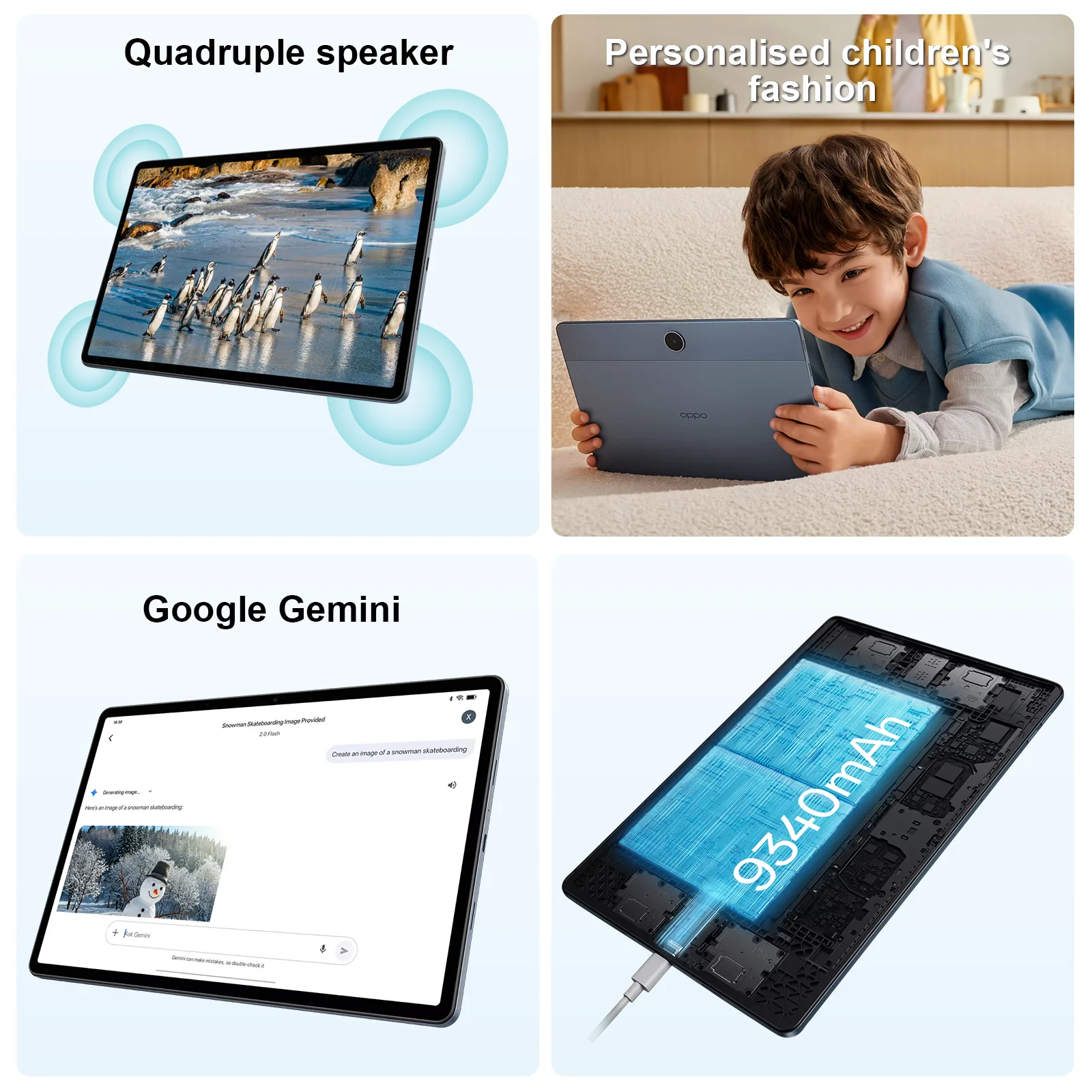 Tableta OPPO Pad SE de 4 GB + 128 GB azul, pantalla LCD con resolución de 1920 x 1200, batería de 9340 mAh/36,06 Wh (típica), carga rápida de 33 W, reconocimiento facial, Wi-Fi 5, Bluetooth 5.4, USB tipo C, ColorOS 15.0.1. 3