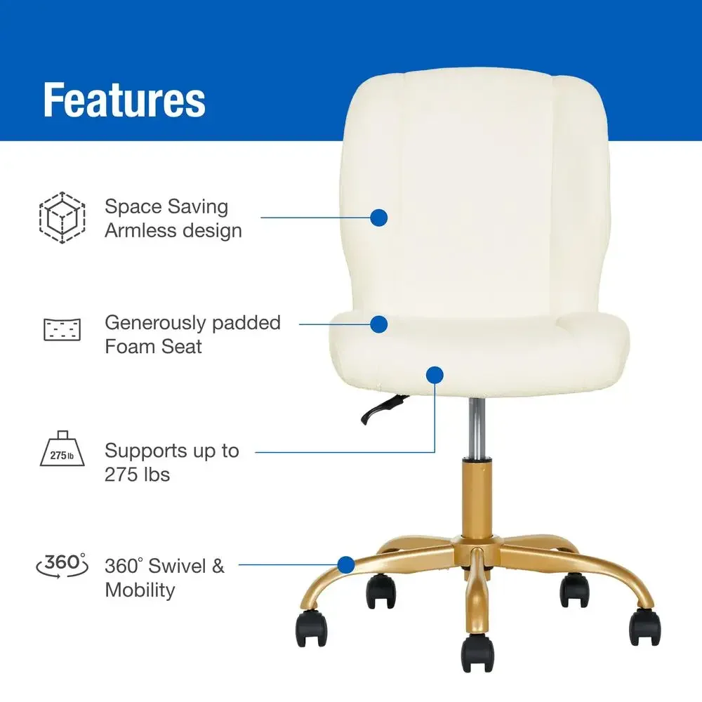 Armless Office Chair Cream Bouclé Texture Adjustable Seat Height Metal Base with Gold Finish Generously padded Back and Seat