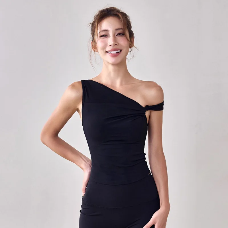 

Yoga Top With Chest Pads Sleeveless Fitness Pilates Training Top Slim-Fit Running Vest Women's Single-Layer Off-Shoulder Necklin