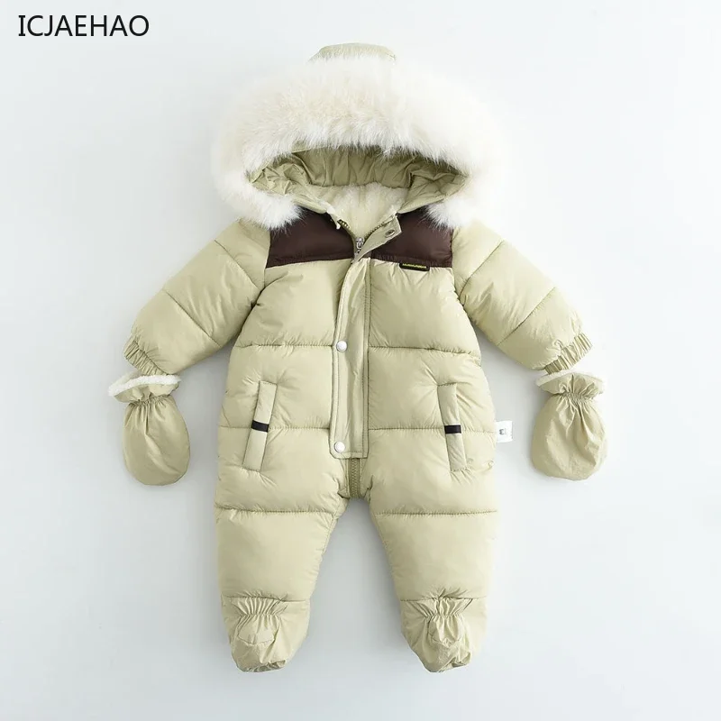 2025 Baby Girl Boy Clothing Winter Rompers Hooded Thick Warm Windproof Outdoor with Pocket Glove Newborn Romper Coat