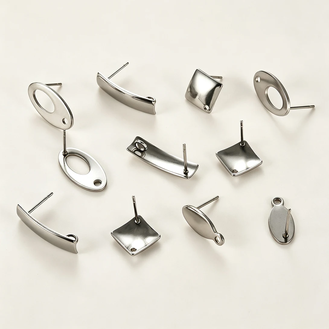 30Pcs Stainless Steel Geometric Earring Posts with Hole Oval Square Arc Drop Ear Stud Bases For DIY Dangle Earrings Making Craft