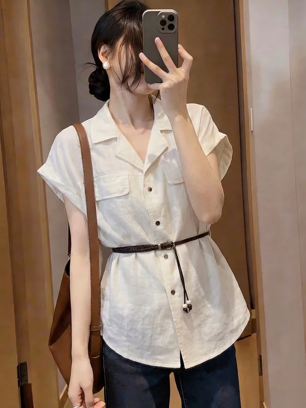 

Elegant V-Neck Short Sleeve Shirt Women's plus Size Mid-Length Waist-Cinching Top Korean Style Commute Fashion Workwear