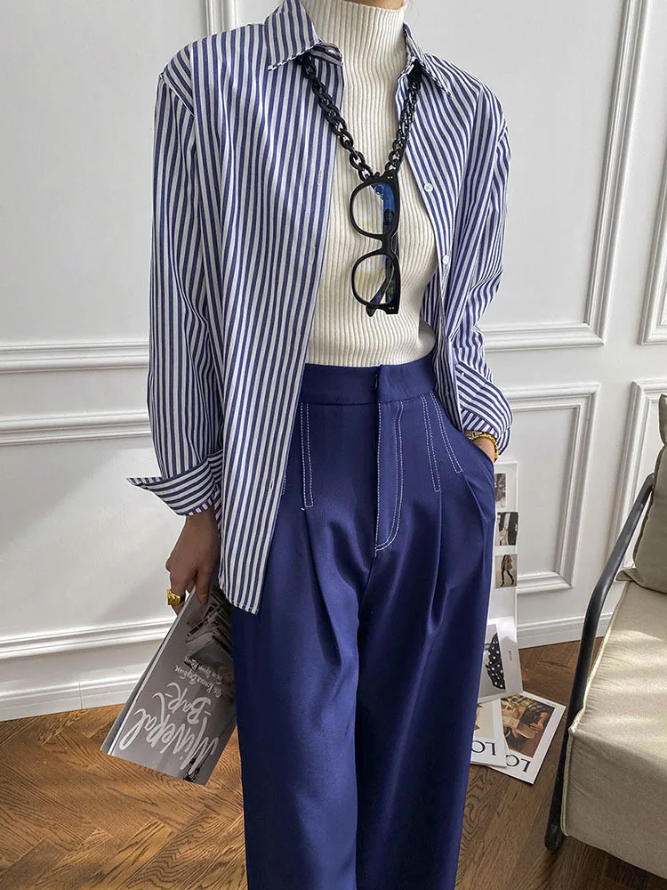 Casual Big Size Blue Striped Blouse New Women Lapel Long Sleeve Loose Fit Shirt Fashion Tide Spring Autumn 2022