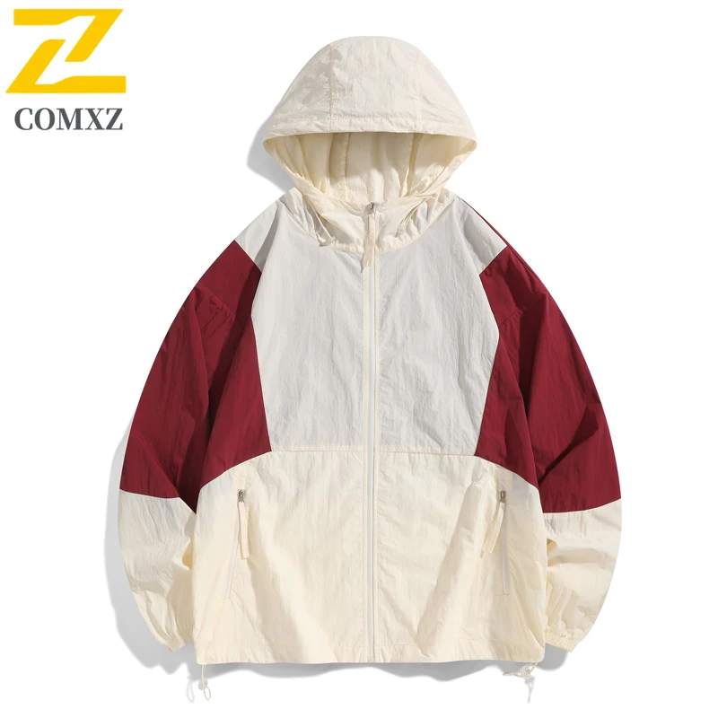 Summer Ice Silk Sunscreen Jacket Men's Harajuku UV Ultra-thin Breathable Splicing Hooded Coat Fishing Camping Skin Windbreaker