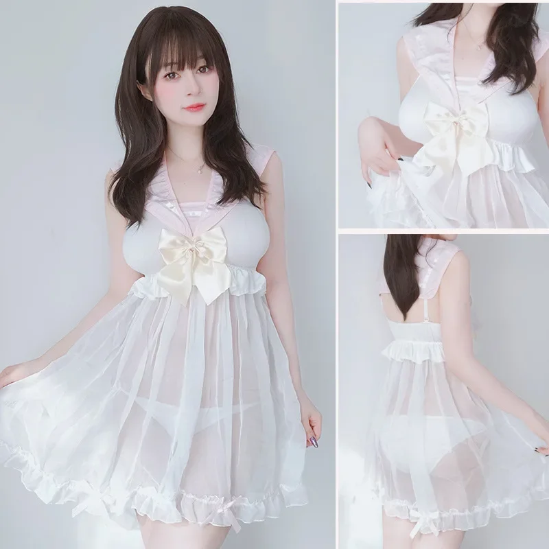 Japanse Lolita Anime Meisjes Zoete Meid Cosplay Blauw Chiffon Perspectief Pyjama Sexy Homewear Jurk Sexy Lingerie Set