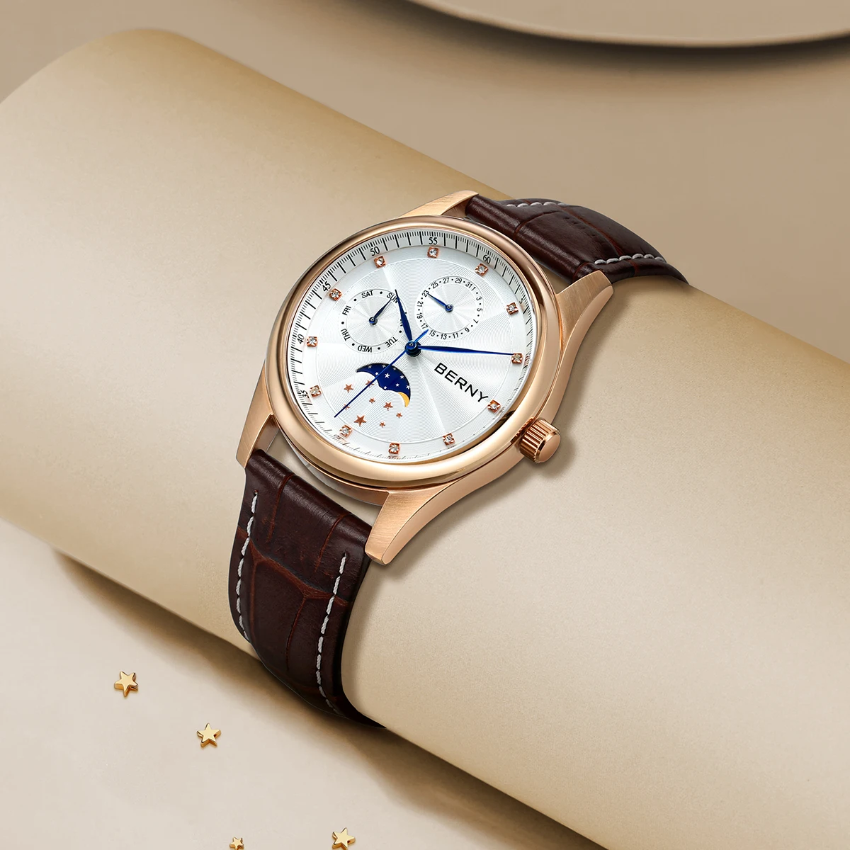 BERNY Damenuhren, Kalender, Datum, Woche, echte Mondphase, Quarz, Damenuhr, Lederarmband, elegante, lässige Damen- und Mädchen-Armbanduhr – Detail 3