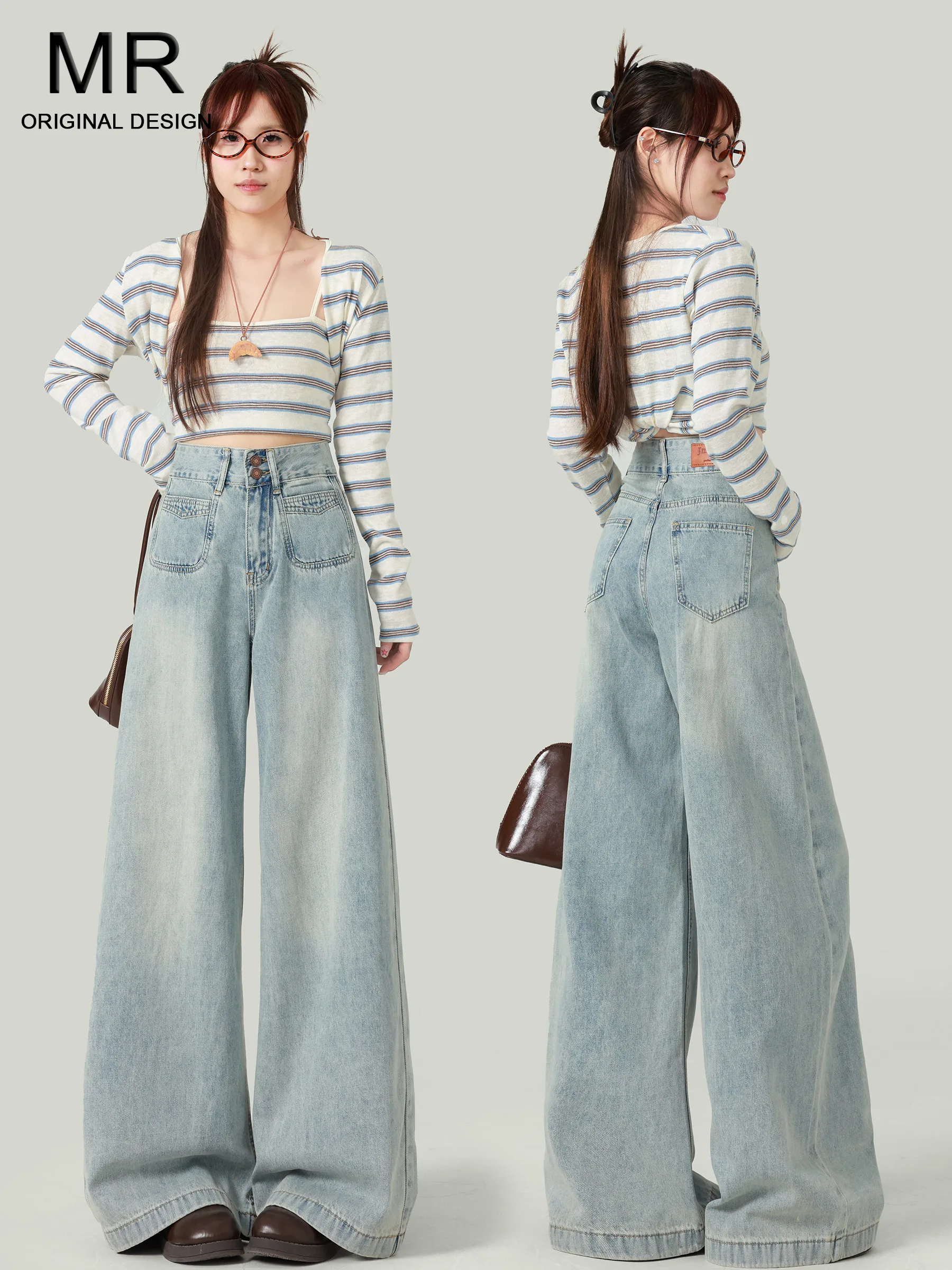 

Женские джинсы с высокой талией и широкими штанинами, свободного кроя, визуально стройнящие, в расслабленном стиле, удлиненные, синие, свободные джинсы с высокой талией