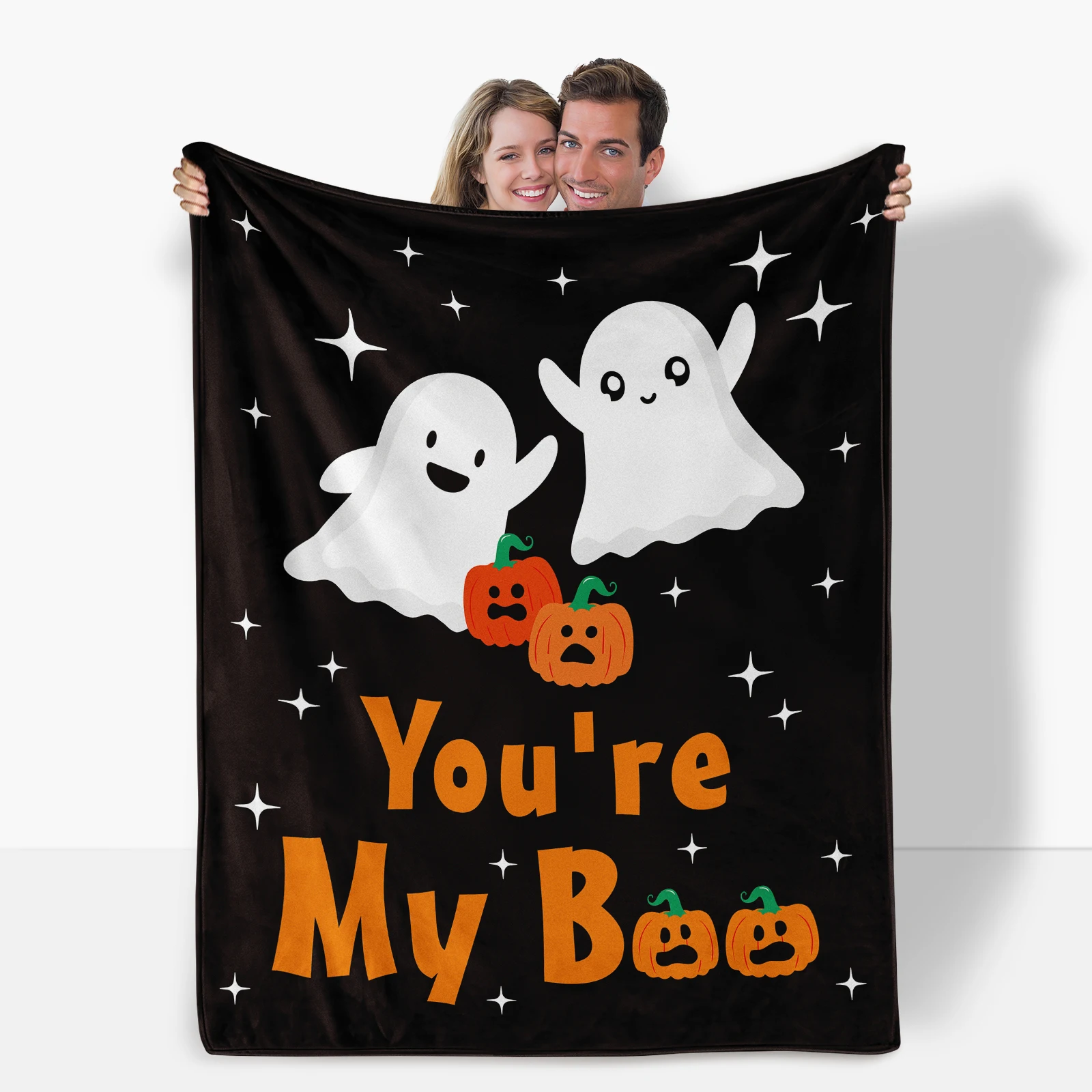 Coperta in flanella a tema fantasma per Halloween, morbida e accogliente, progettata per gli amanti con divertenti dettagli sui testo, perfetta per l'uso festivo.