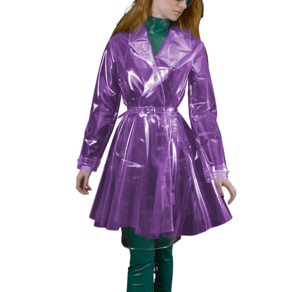 Long Sleeve Vinyl Plastic Lapel Neck A-line Belted Trench Coat Punk Night Show Clear PVC Dress Coats Fetish Wet Look Clubwear