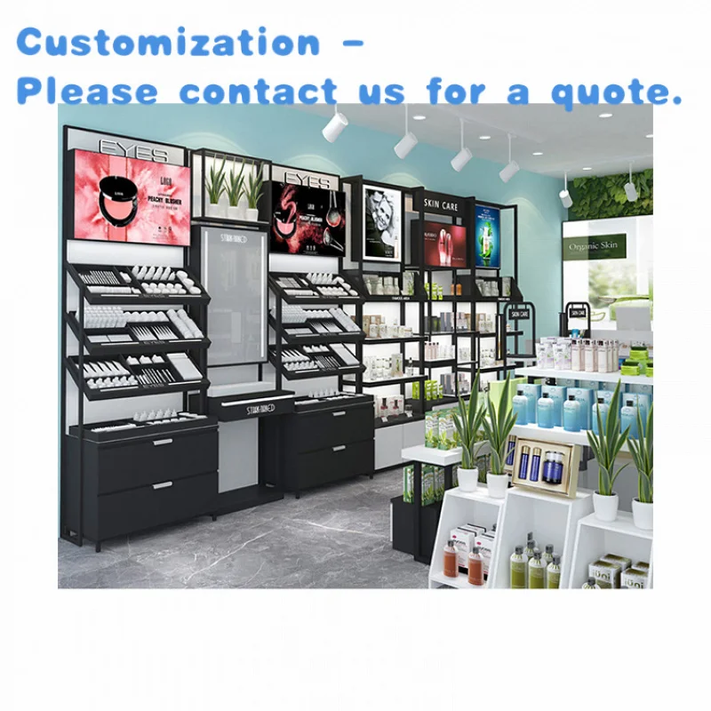 

custom.Kainice Hot Sales Store Design Cosmetics Shop Large Capacity Wood Wall Shelf Units Makeup Display Stand with Li