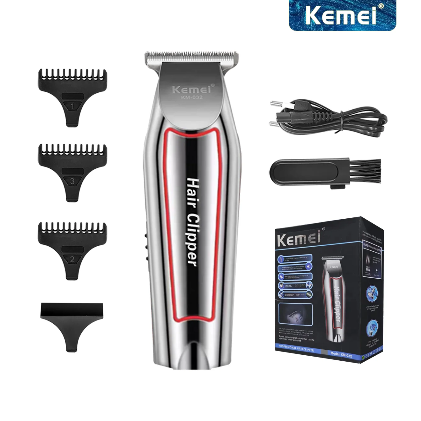 Kemei Professional Alloy Hair Trimmer Electric Beard Trimmer Rechargeable Hair Clipper Haircut Machine for Men KM-032