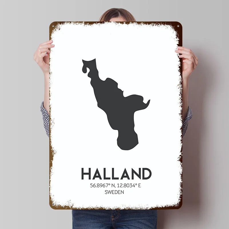 Halland Sweden Map Printing Poster Customized Retro Wall Art Vintage Metal Signs for Room Office Decor Bedroom Decoration Gaming