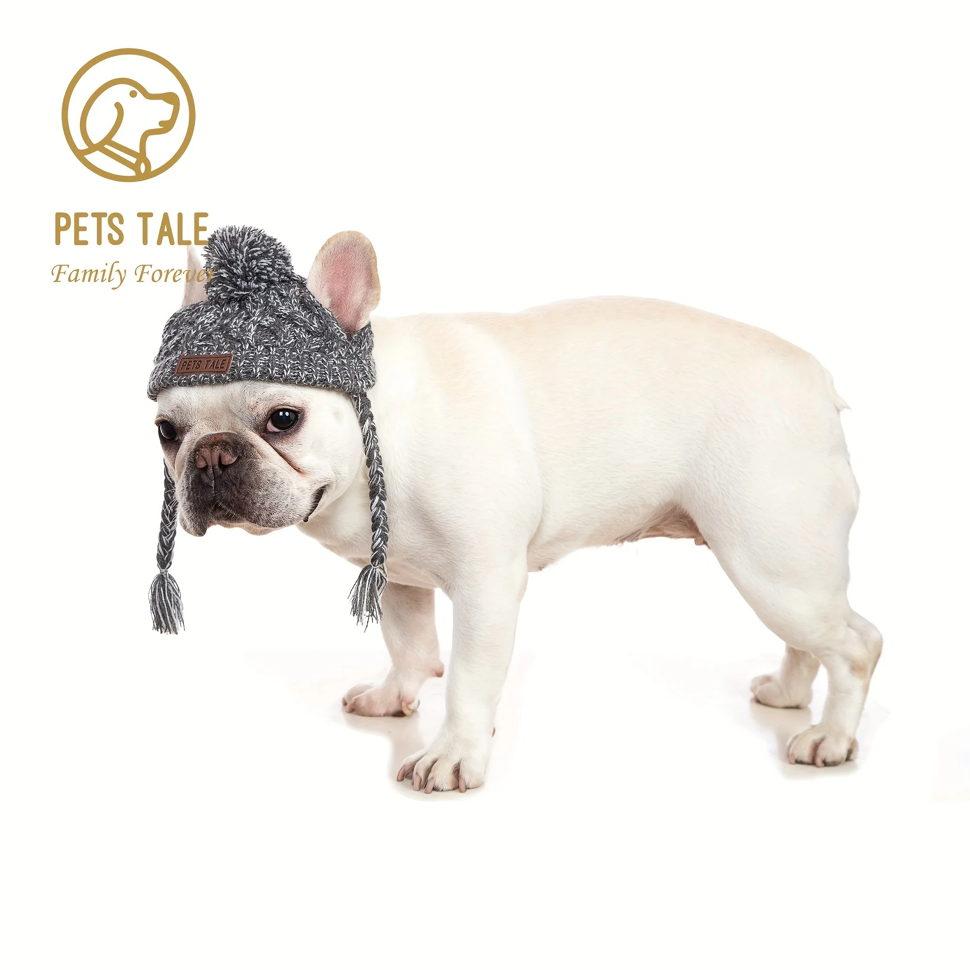 Dog-themed beanie with fur pom-poms, ear flaps, small braids, leather label, and tassels