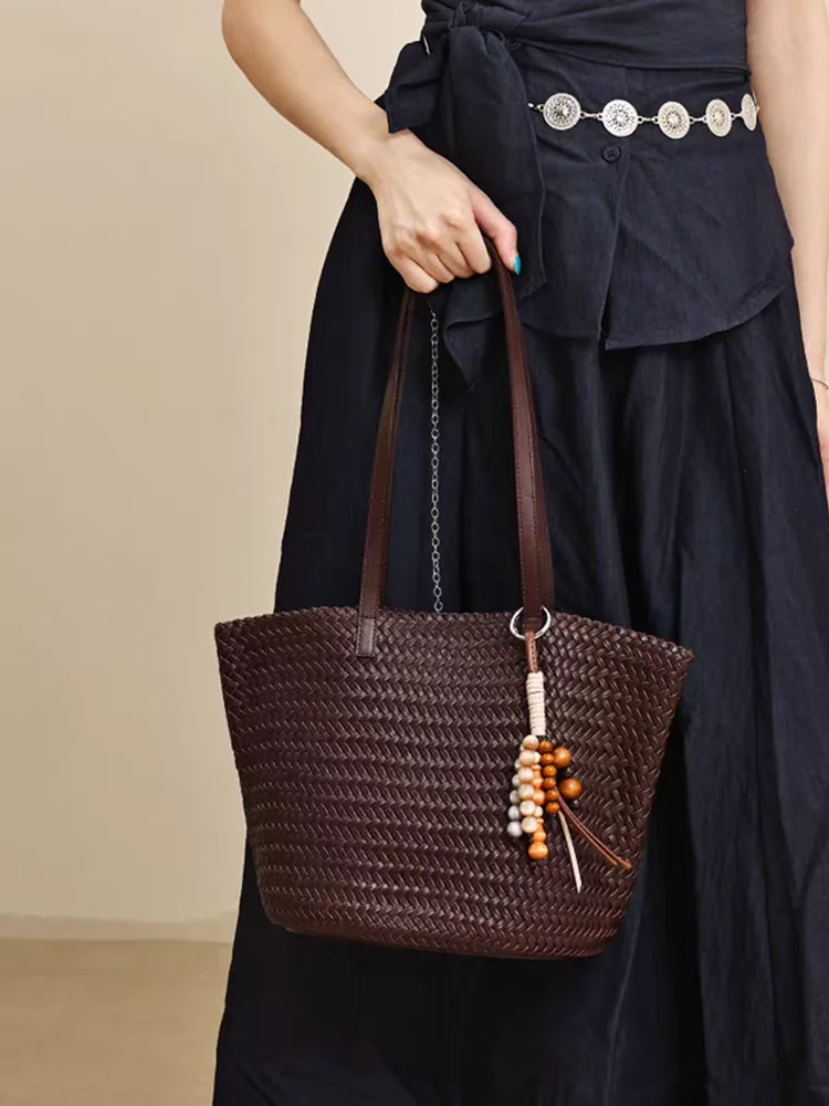 

Fashion Vintage Hand Weave Genuine Leather Women Tote Bag\Handbag Real Leather Lady Underarm Shoulder Holiday Bag Big New