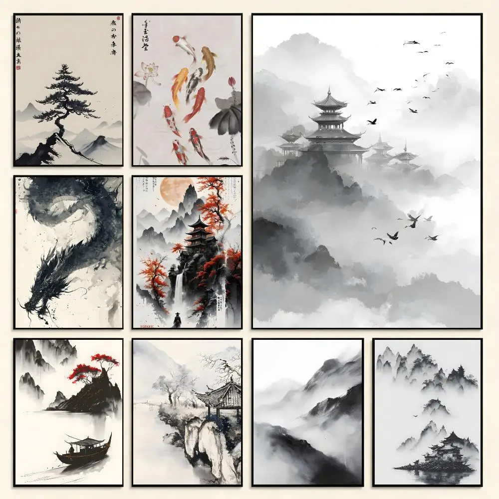 Art Style Chinese Ink Painting Poster Digital Solvent Print Waterproof PP Fade-Resistant Wall Art Room Decor Gift