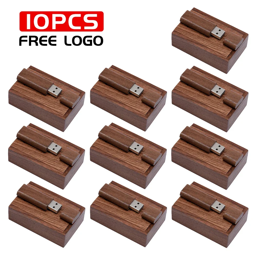 10 PCS LOT USB Flash Drive 128GB Free Custom Logo Pen Drive 64GB Creative Business Gifts Memory Stick Wooden Box Pendrive 32GB