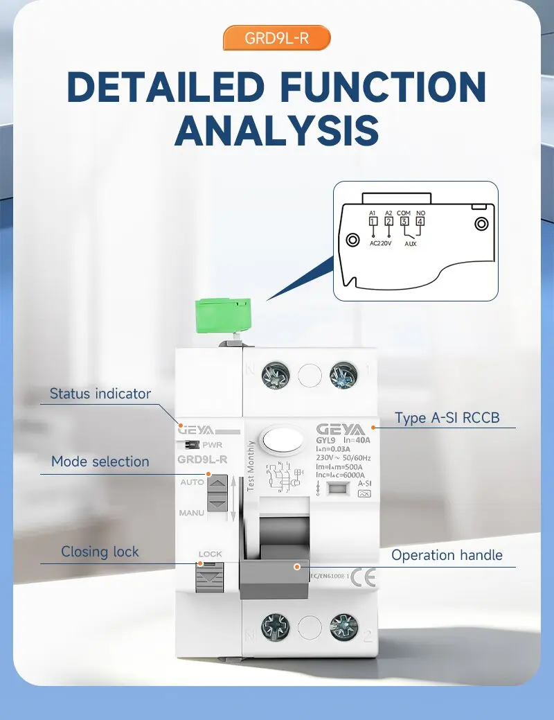 GEYA GRD9L mit A-SI RCCB Auto-Reconnectable Fehlerstromschutzschalter 2P 40A 0,03A (30mA) RCD Elektromagnetisch Superimmunisiert – Detail 3