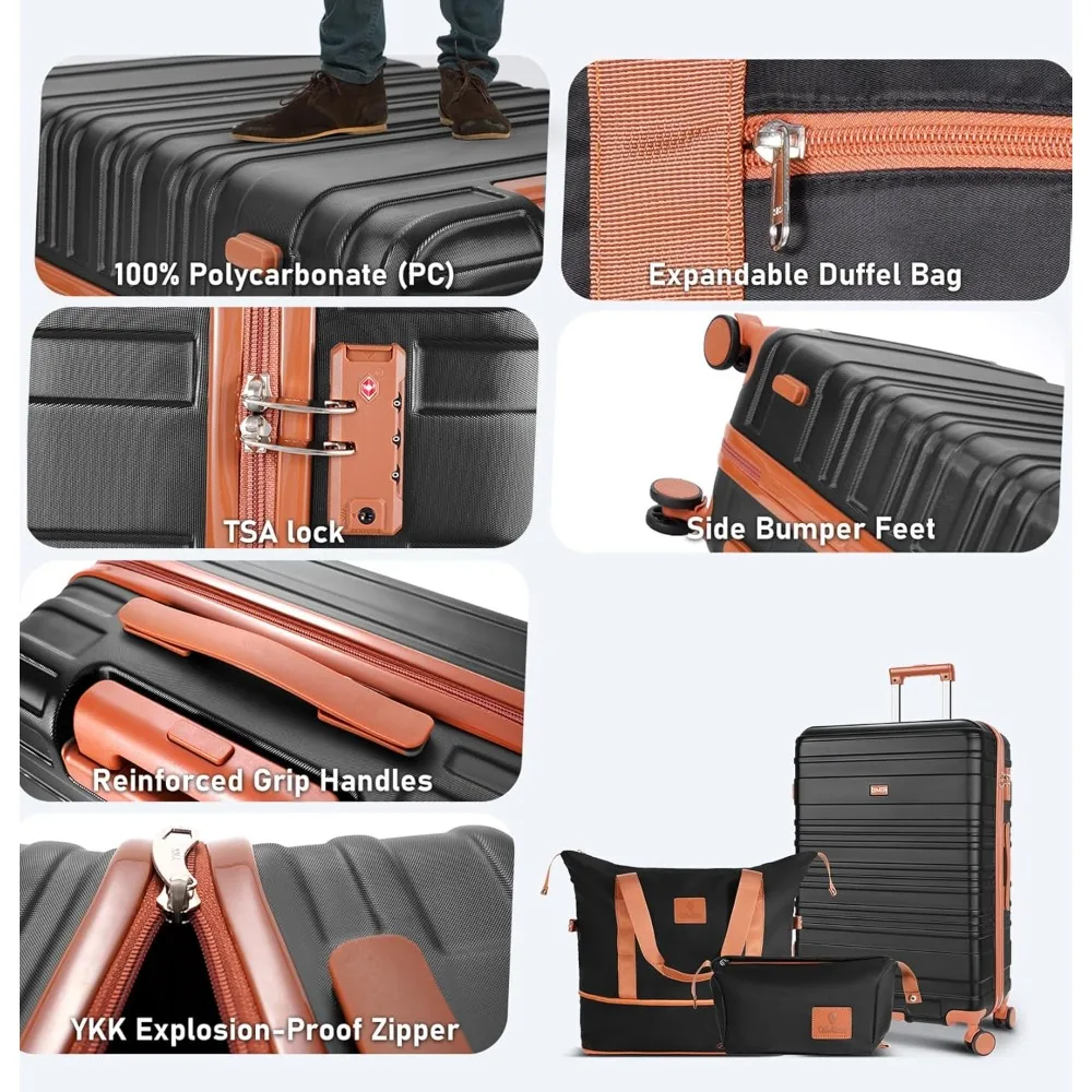 Juego de equipaje de mano 22x14x9 aprobado por aerolínea: carcasa dura 100% para PC, ligero, cerraduras TSA, ruedas giratorias silenciosas, cremallera duradera,