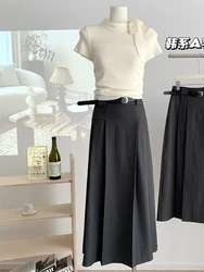 Women Old Money Korean Vintage Midi Skirt 2000s Aesthetic Classical A-line Pleated Mori Girl Elegant High Waist With Belt Chic